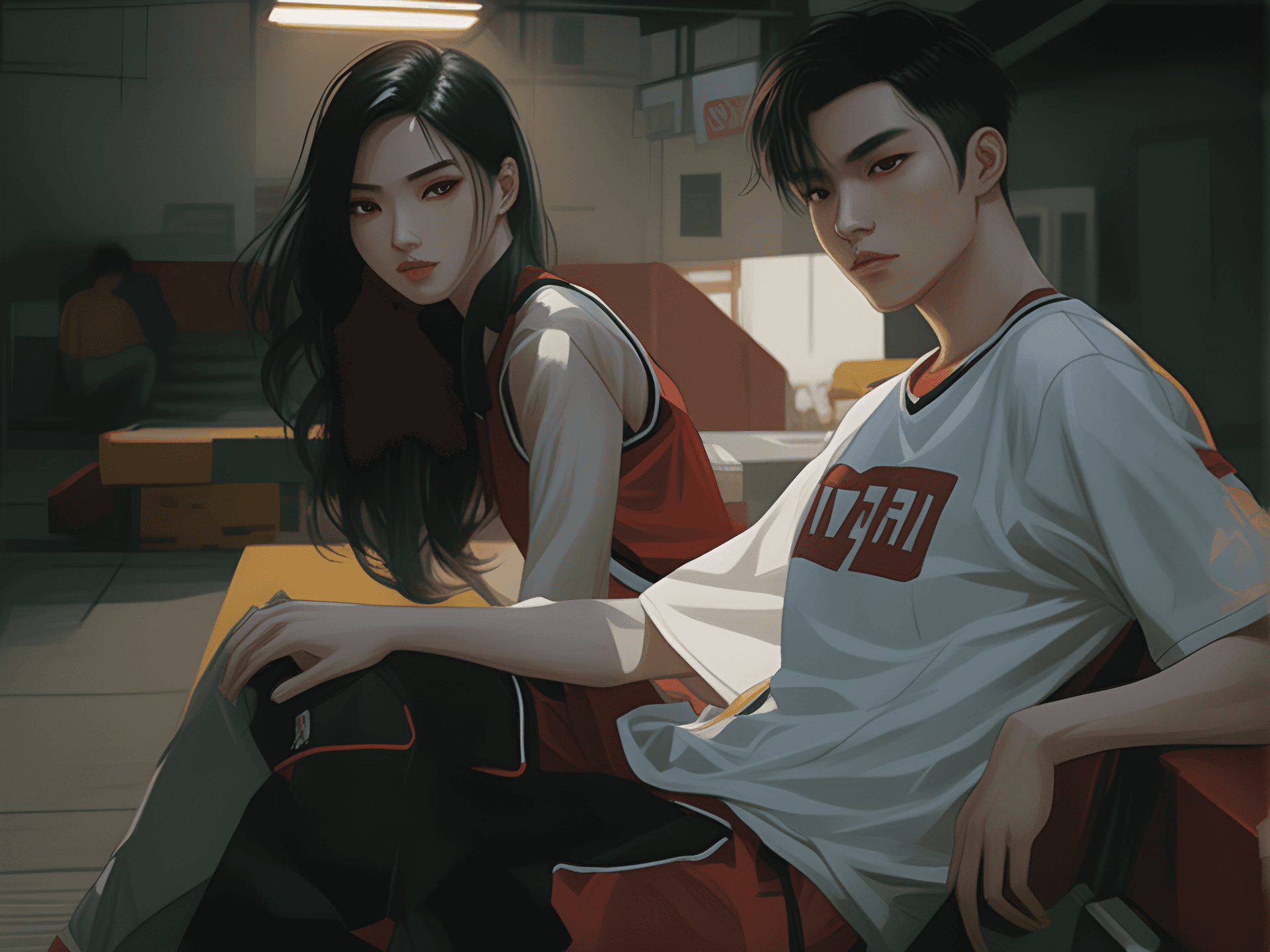 AI generated: a man and a woman sitting on a bench, a picture, by Yanjun Cheng, serial art, wearing basketball jer...