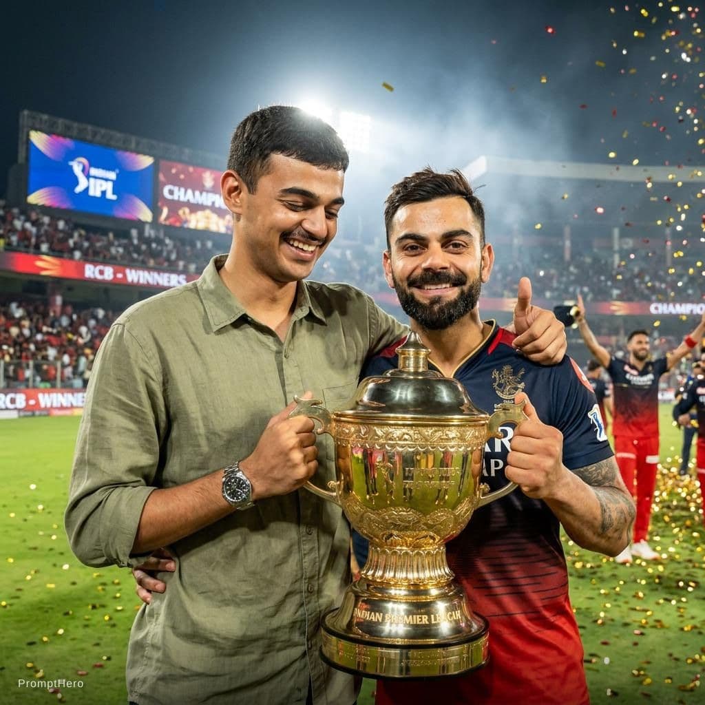 AI generated: Combine these two photos and make me to stand beside virat kohli with the ipl cup. Make virat giving...