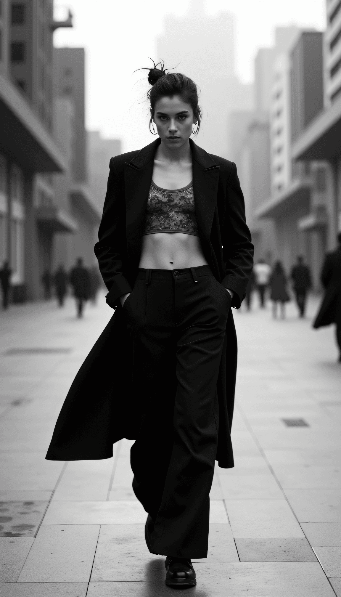 AI generated: dystopian style Black and white fashion photography of a young Taiwanese-Circassian woman in her mid...