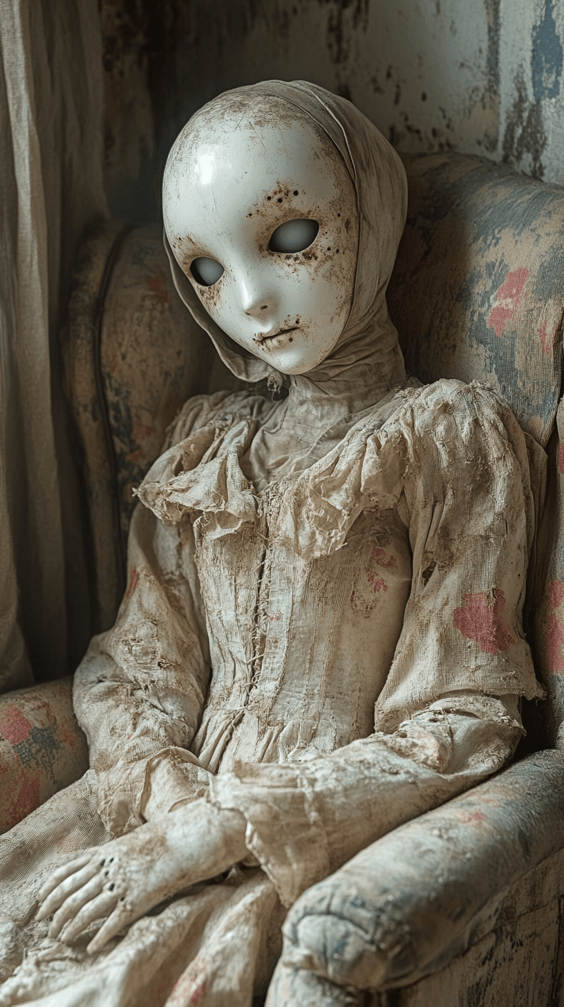 AI generated: In a forgotten corner of a dimly lit room, a hyper-realistic puppet rests against a worn-out armchai...