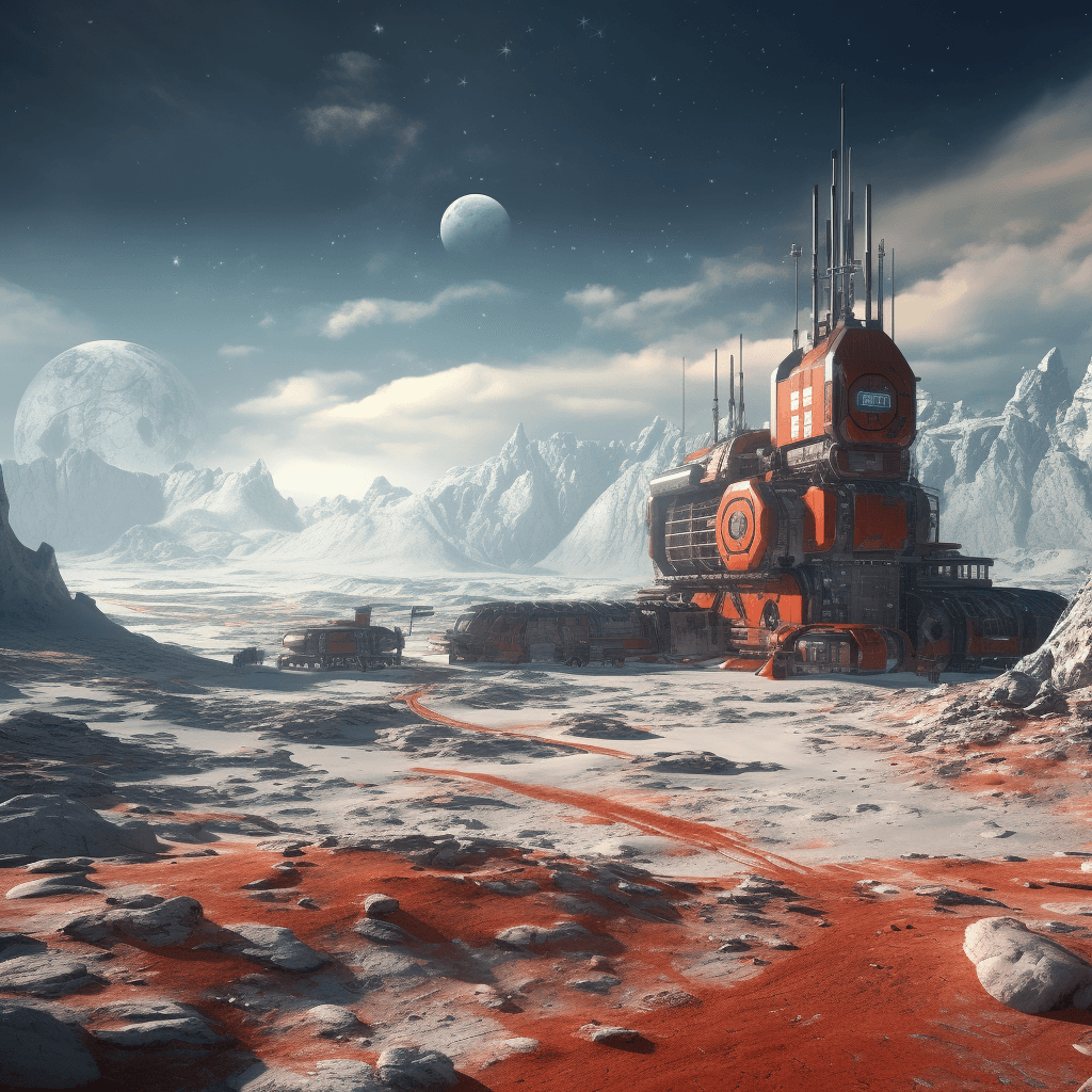 AI generated: space base located on a frozen plateau of mars, one rover on the ground, aerial view, mountains in t...