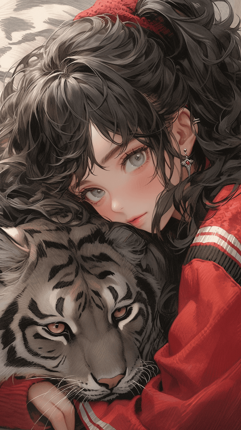 AI generated: tiger wolf is a young girl with long curly hair and black eyes, in the style of miho hirano, scott r...