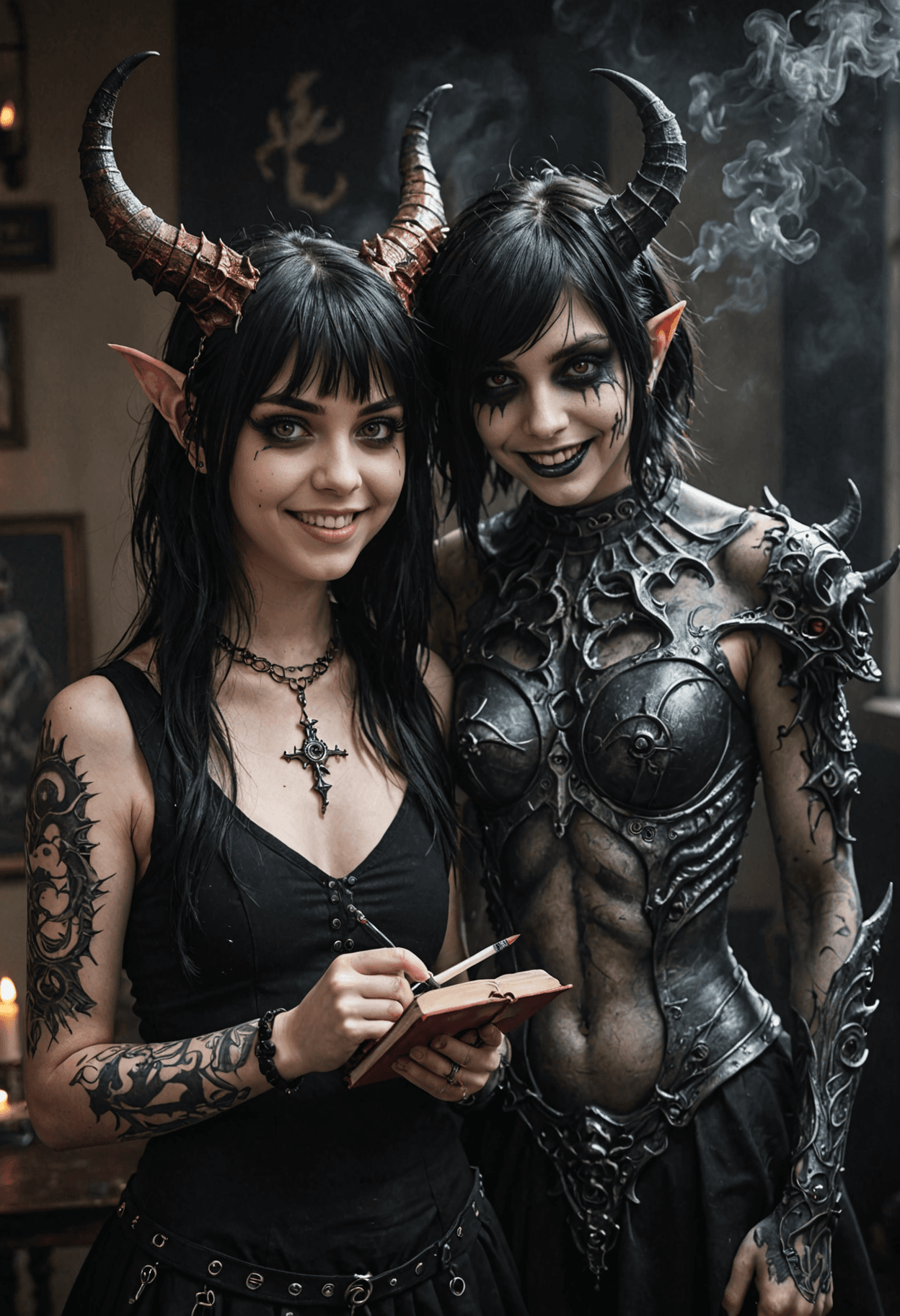 AI generated: RAW photograph, hyper-detailed photo of an emo girl and her guardian demon, showing the dangers of s...