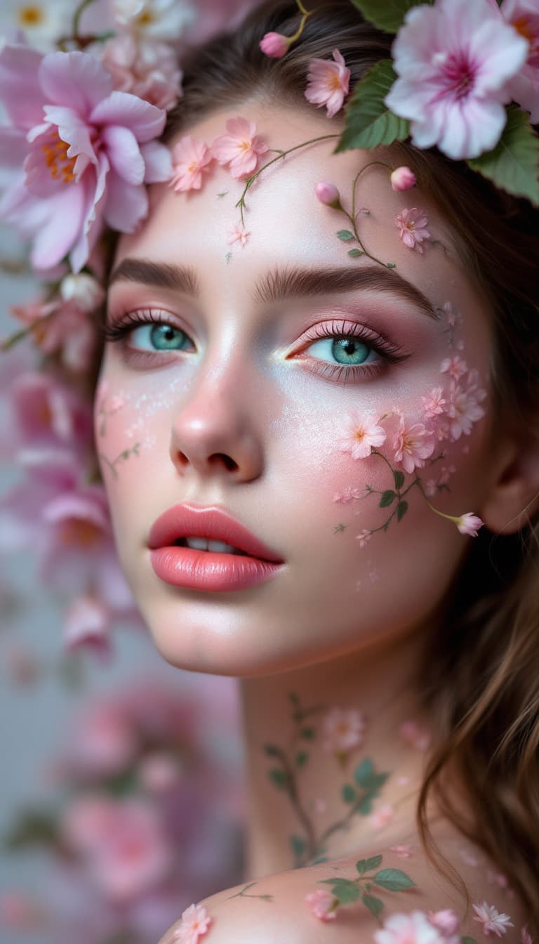 AI generated: A woman's face transformed into a delicate, floral mosaic, with her makeup resembling the intricate ...