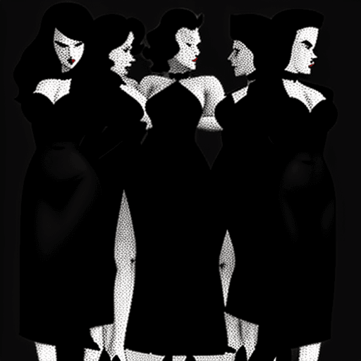 AI generated: film noir style logo with a group of female gangsters standing in front of a tall building
