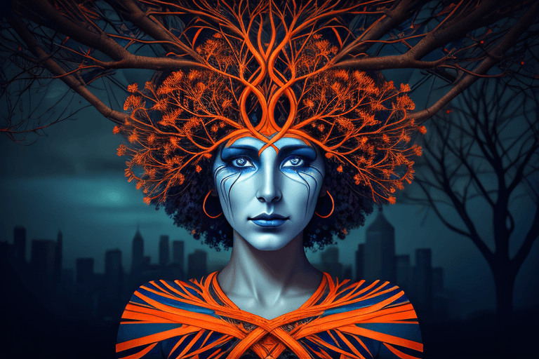 AI generated: digital artwork featuring a woman's head intertwined with full of branches, blending urban surrealis...