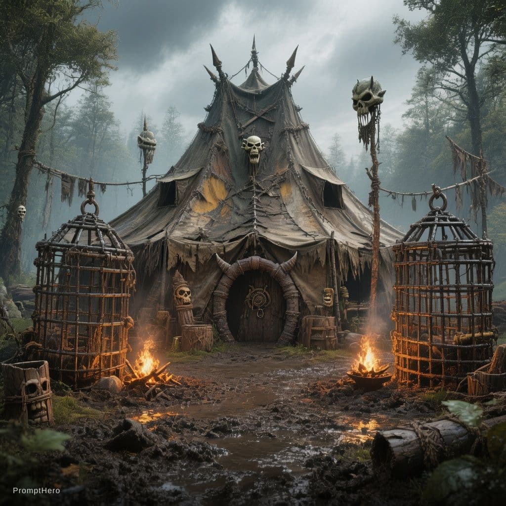 AI generated: photorealistic 3D render of an Orc stronghold deep in a forest, worn leather tents, crude iron cages...