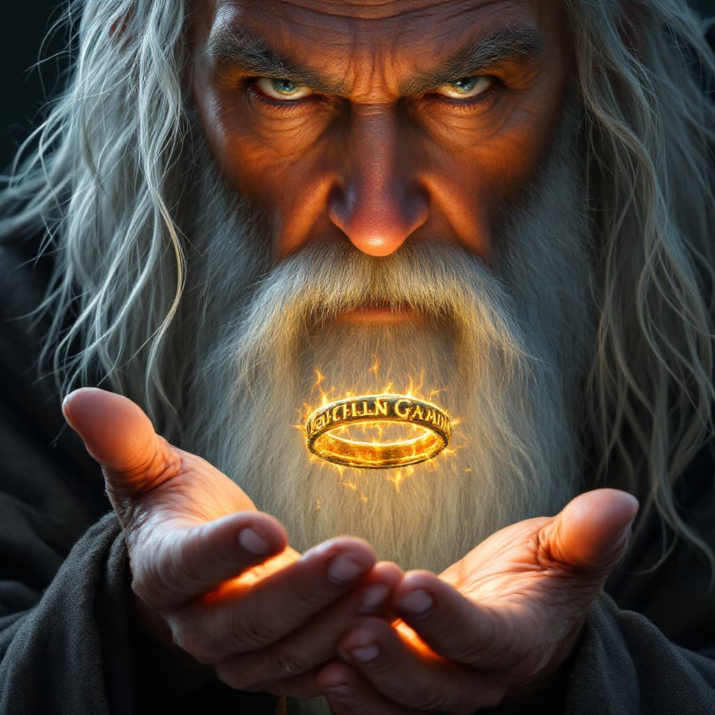 AI generated: A hyperrealistic close-up, half-figure portrait of Gandalf the Grey, his intense gaze focused downwa...