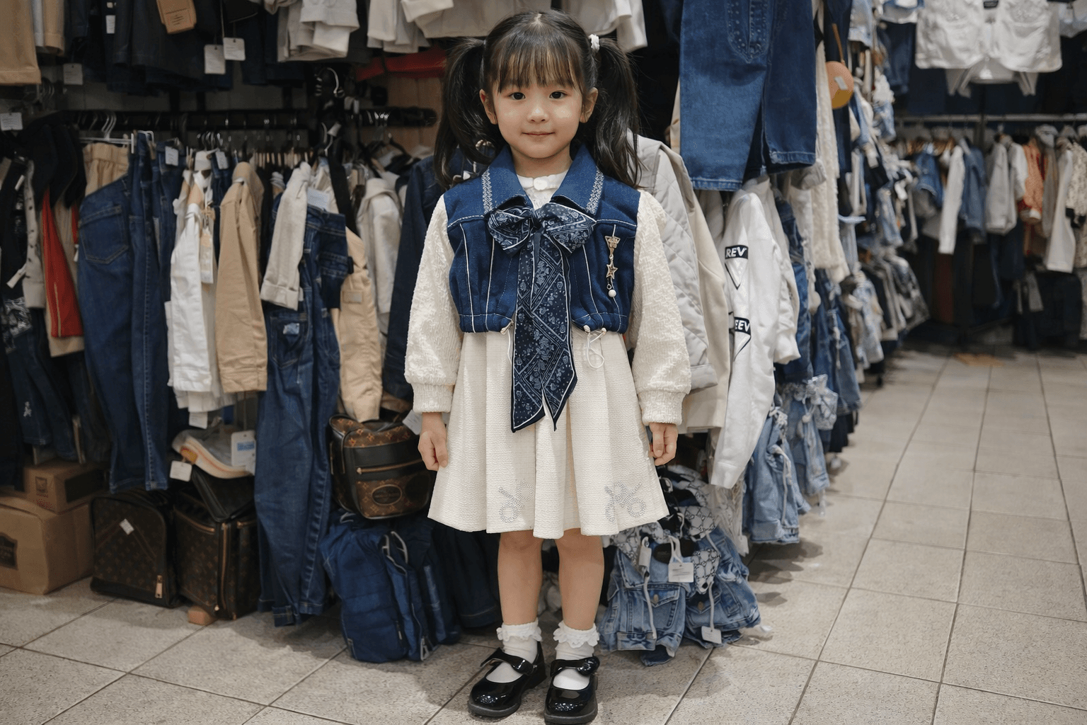AI generated: Complete image of a girl from head to feet. having this clothes back ground in a clothes shop