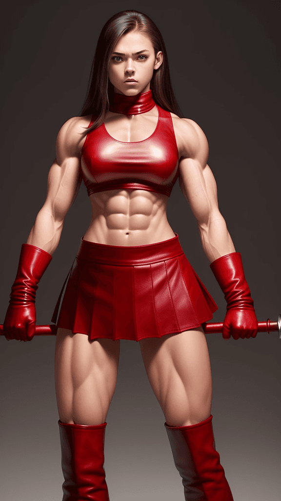 AI generated: 15 year old very muscular girl with muscular abs and toned biceps wears red Leather skirt, red Long ...