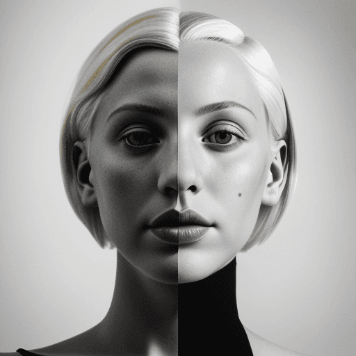 AI generated: magazine and newspaper collage of A close-up portrait of a woman with short platinum blonde hair, in...