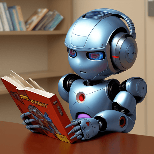 AI generated: little friendly humanoid robot reading book, comic book style
