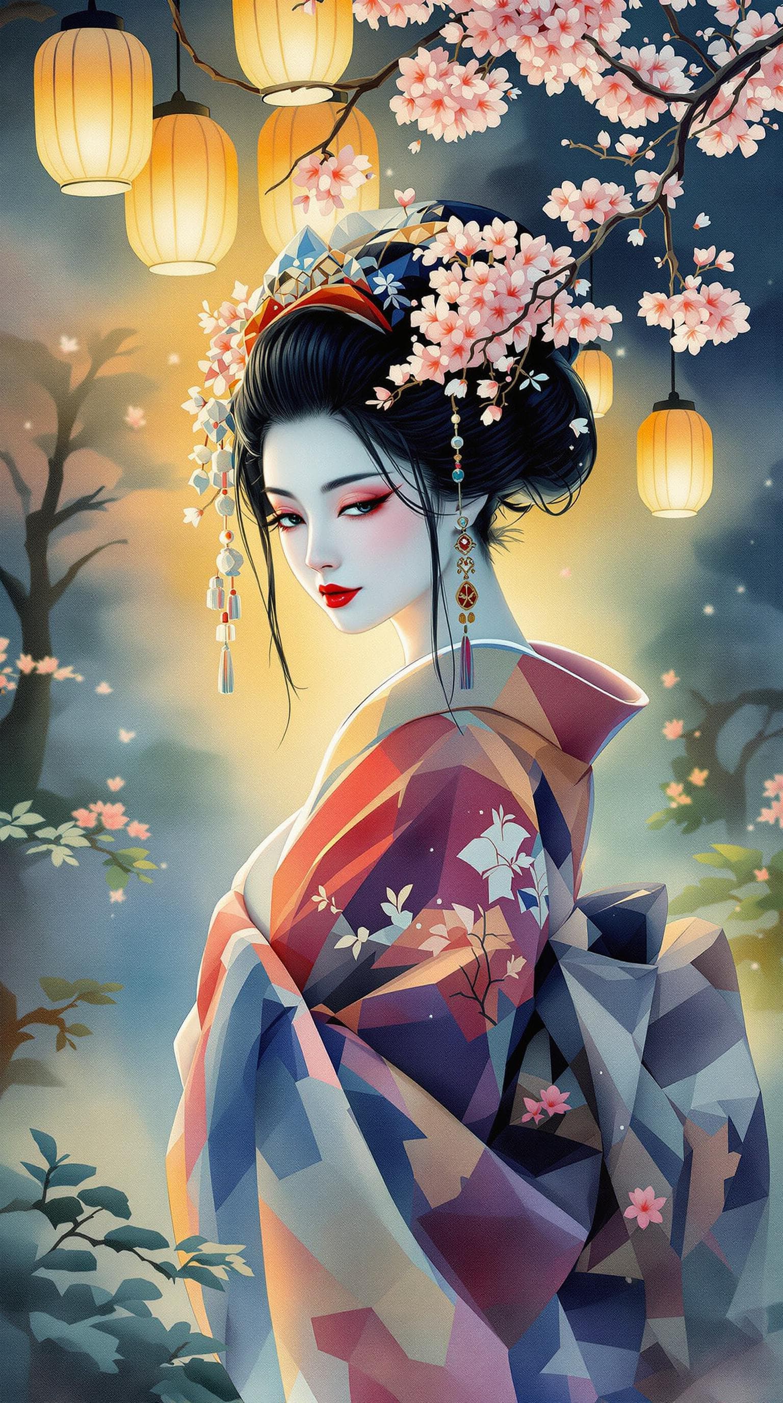 AI generated:  A vibrant watercolor portrait of a Japanese geisha, depicted in dynamic motion, set amidst a serene...