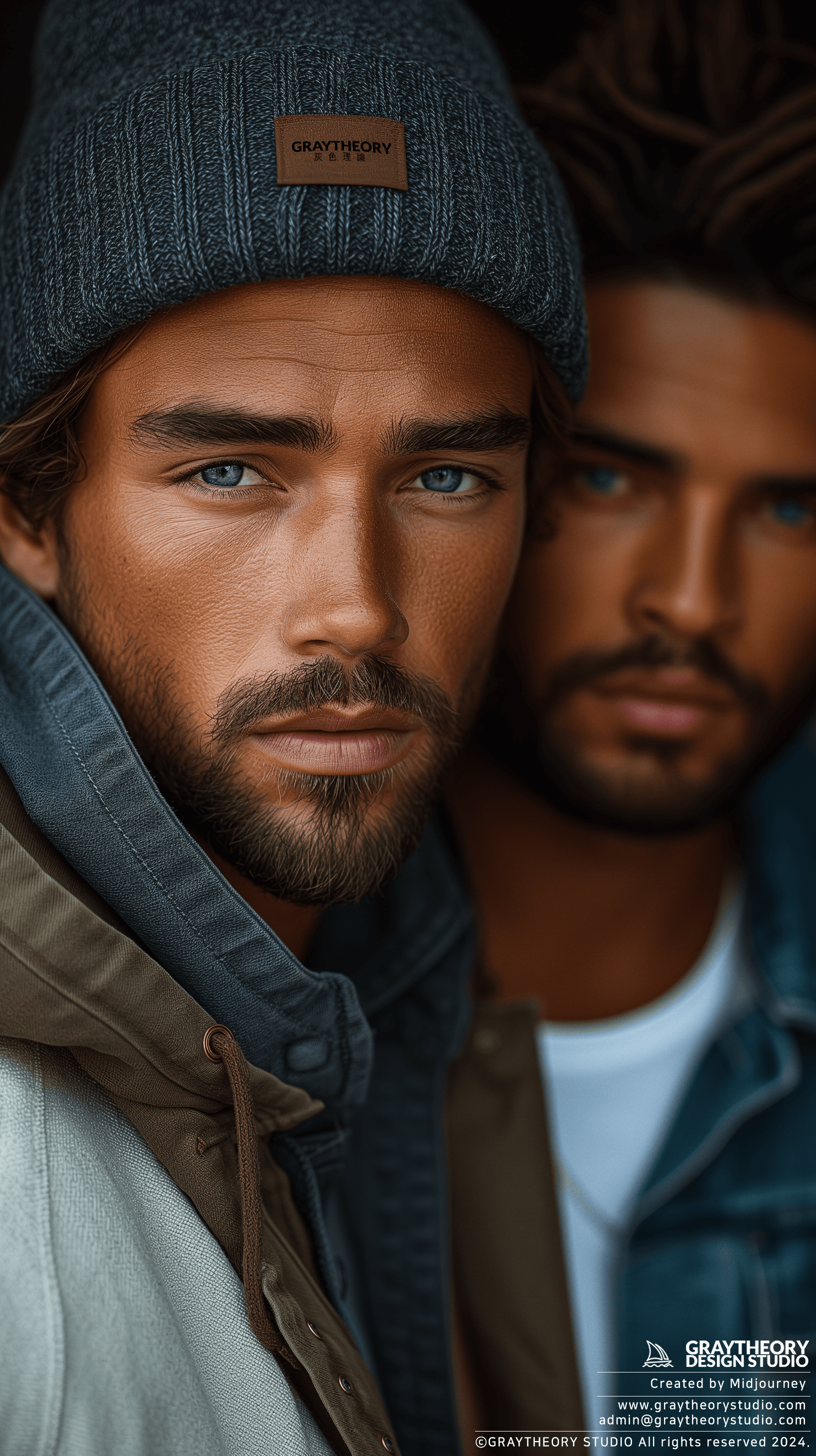 AI generated: snapshots, two man model, skate boarder fashion, stylish, fabric small point label with text small p...