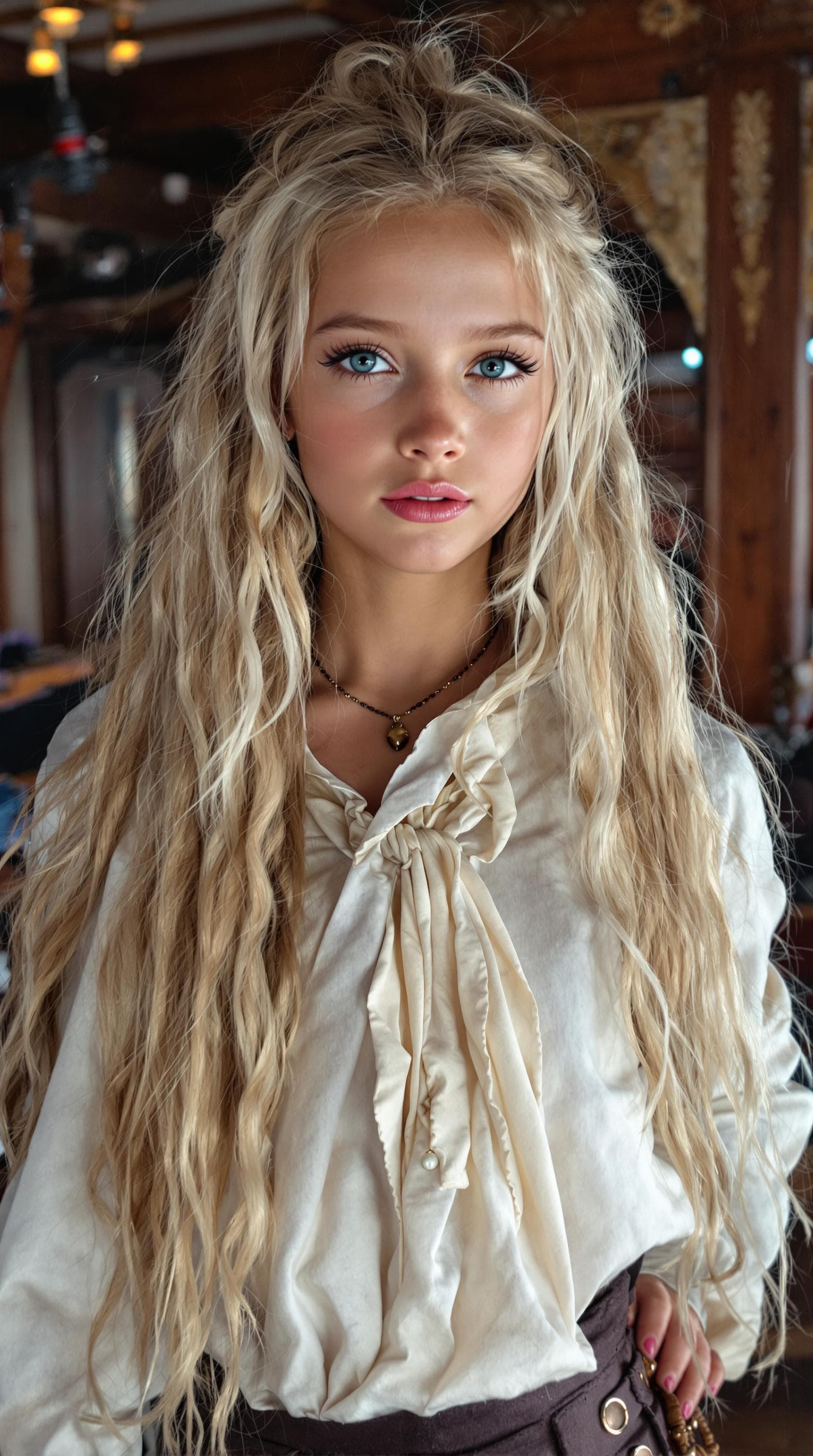 AI generated: a professional photo of a exceptionally beautiful girl aboard pirate ship at sea (age 11), (eleven y...