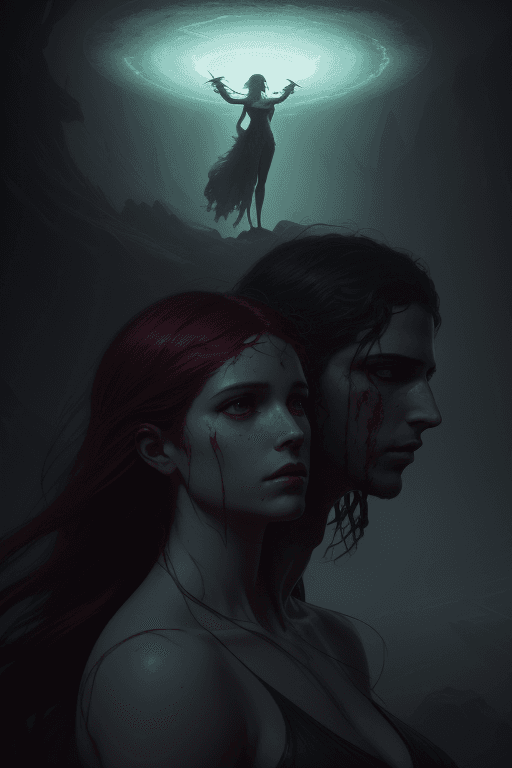 AI generated: Apollo and Daphine. A world of stillness, Silent minds seek clarity, Nature within us, demon, bloody...
