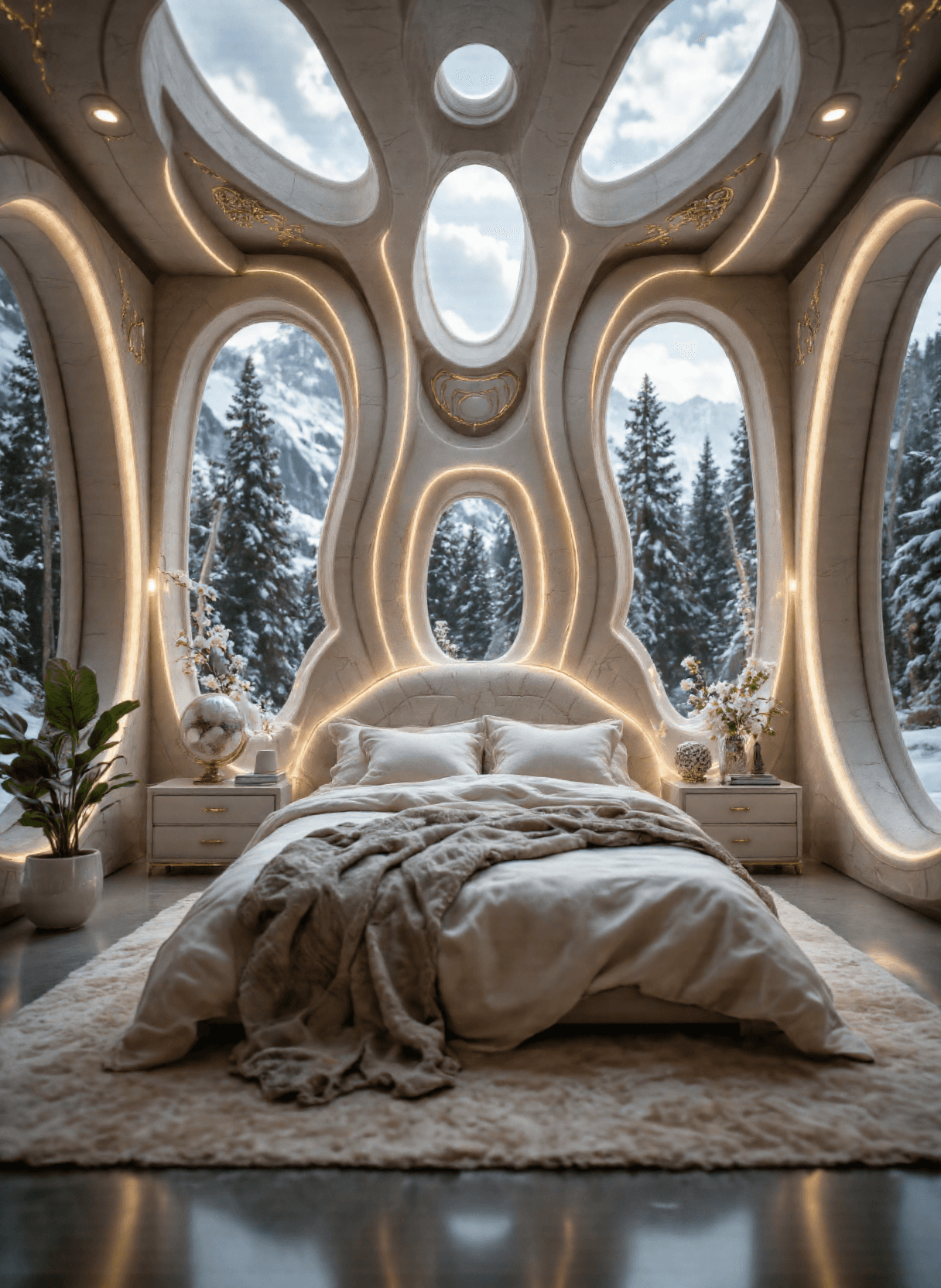 AI generated: The image depicts an opulent bedroom with a futuristic design. The room features large, rounded (emb...