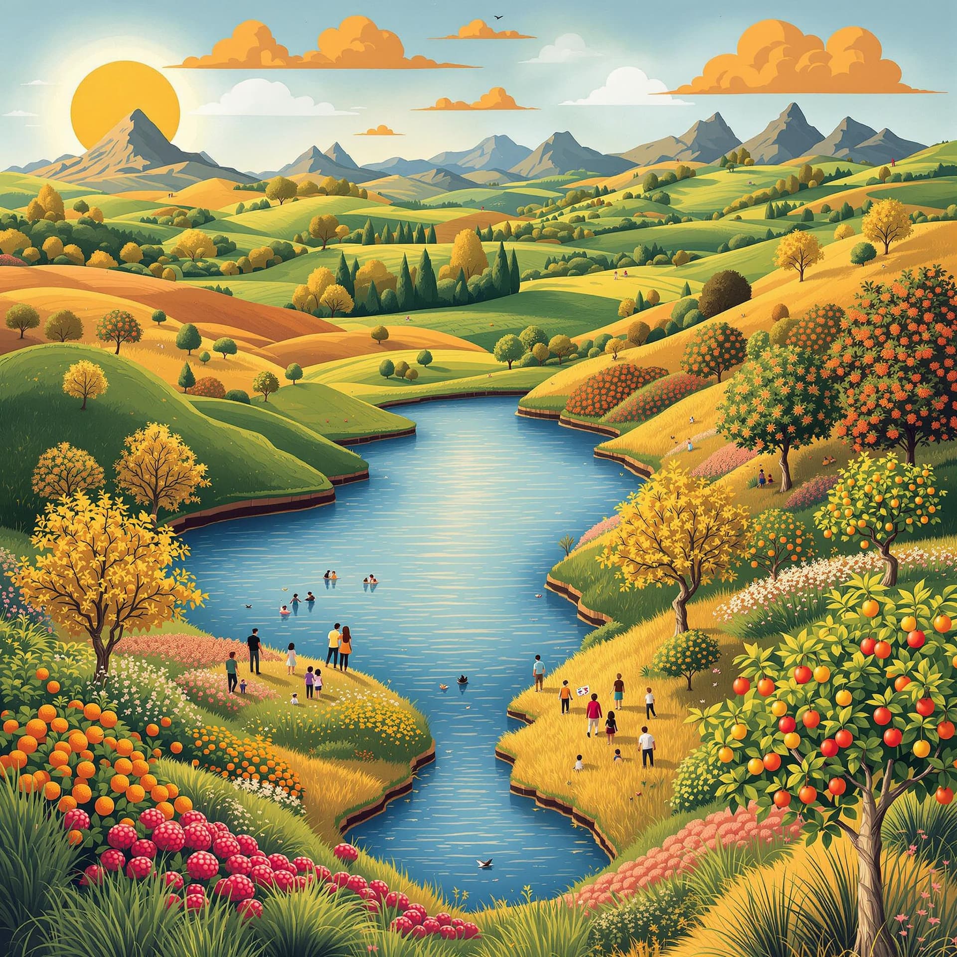 AI generated: Create an image using travel, land, family, friends, fruit trees, a lake and display of joy.