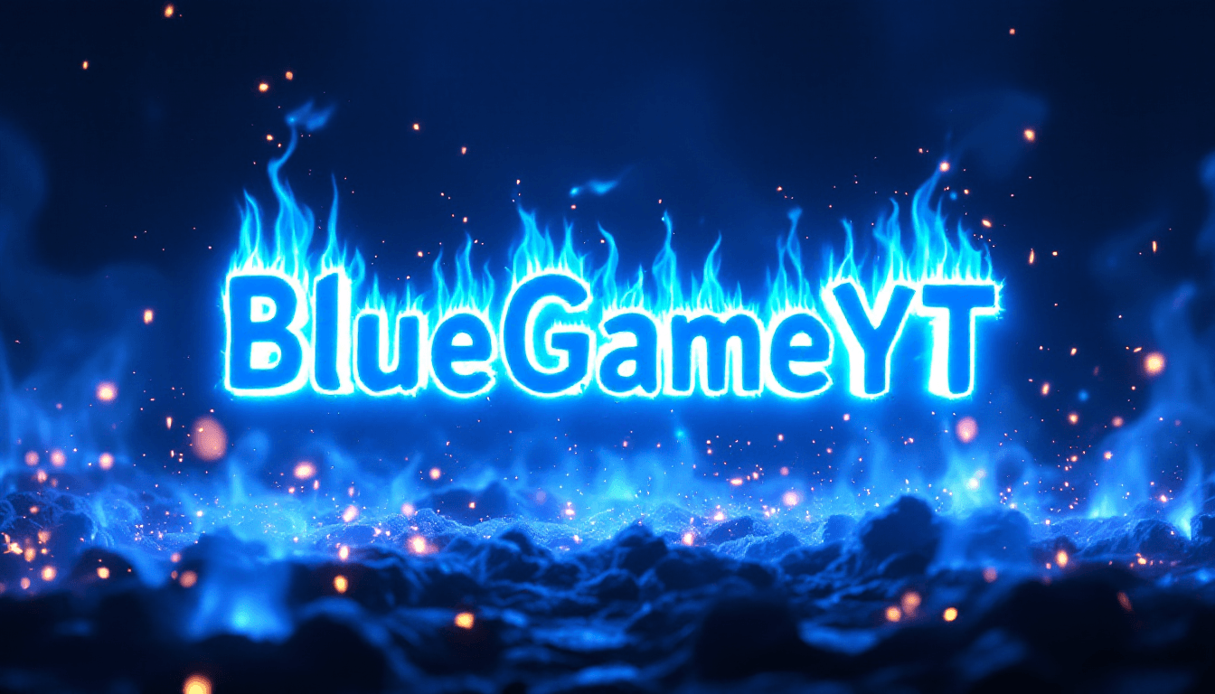 AI generated: render, text "BlueGameYT", blue color, blue flames, bright light emanating from center, high contras...