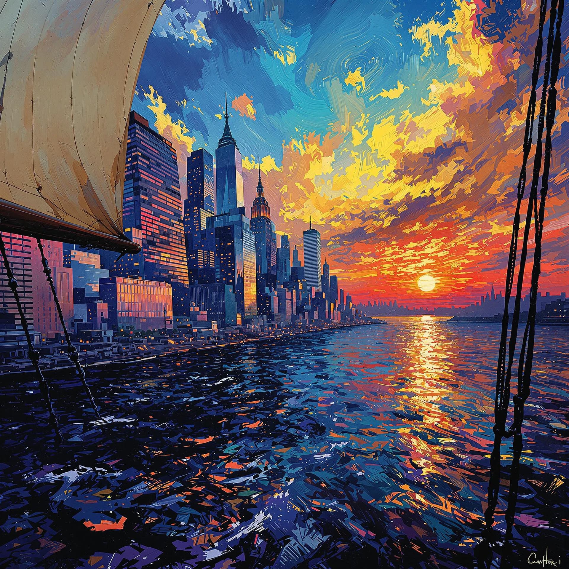 AI generated:  Psychedelic, Surreal. A painting of Manhattan  as seen from a schooner lighting, battered, low angl...