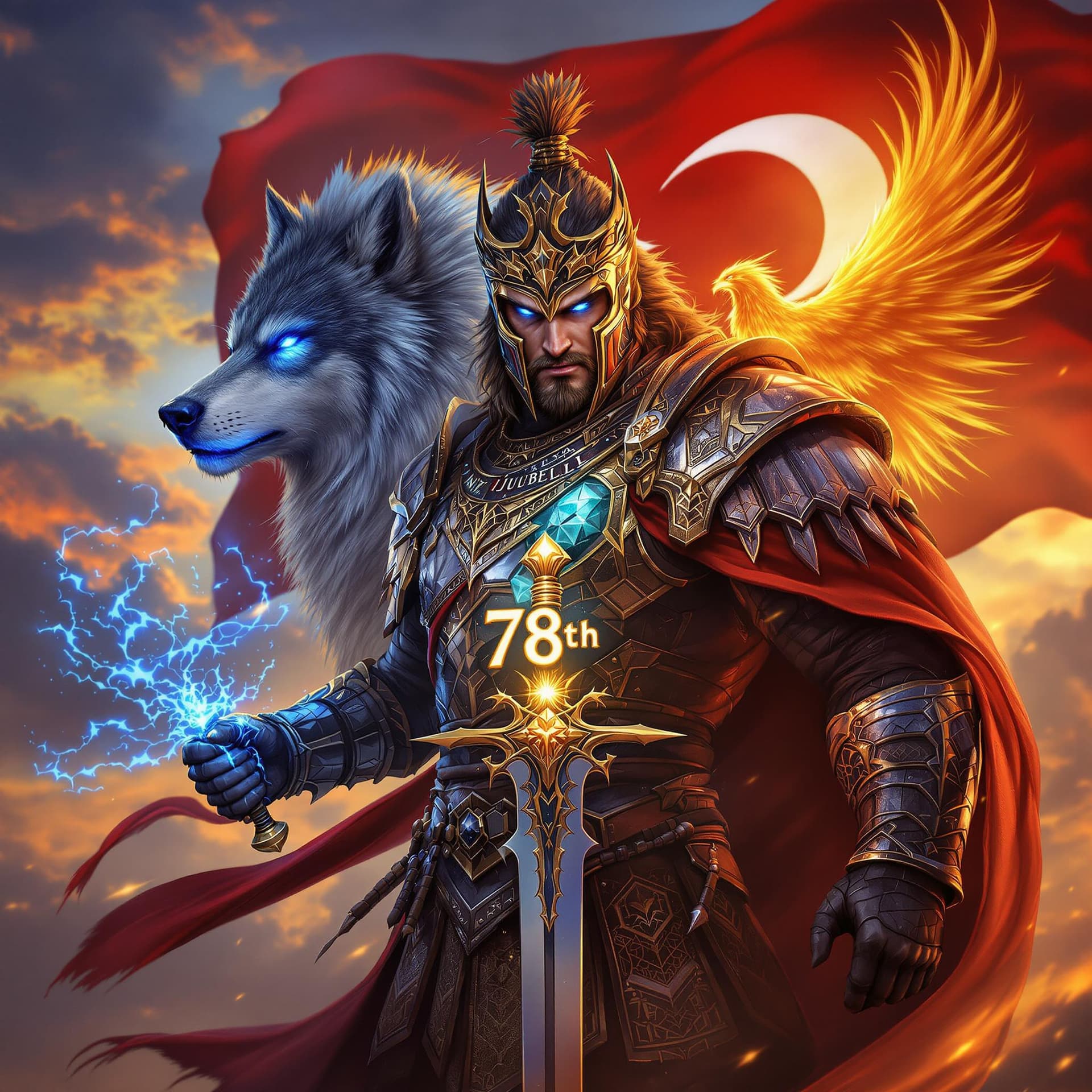 AI generated: A fierce Turkish warrior clad in traditional armor inspired by ancient Turkish mythology, holding a ...