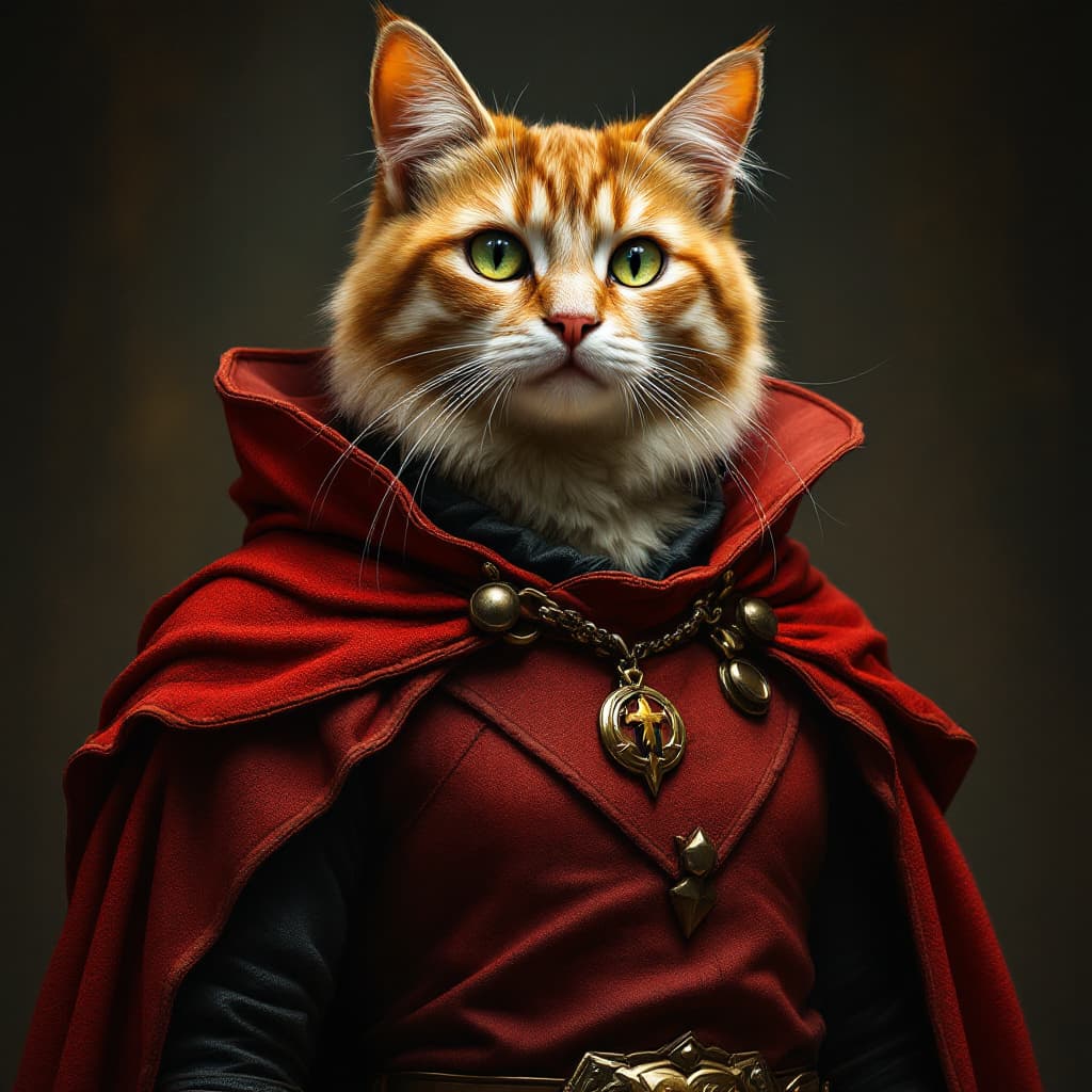 AI generated: Medieval retro style, a personified cat wearing superhero clothing --ar 3:4 --stylize 750