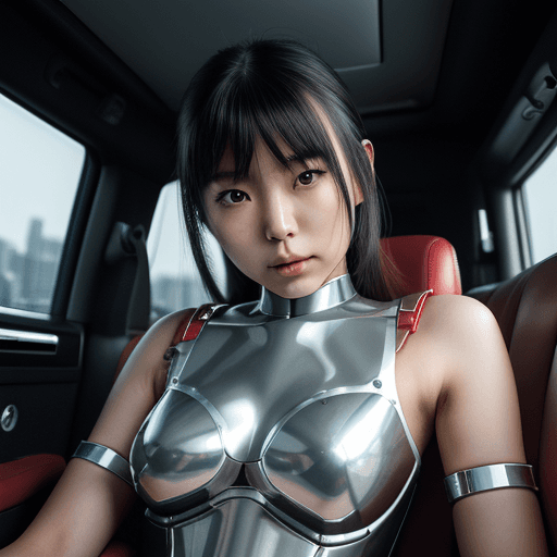 AI generated: High-angle-candid-close-up-photo of a Japanese girl with chromed-steel robot arms. Seated in a ebony...