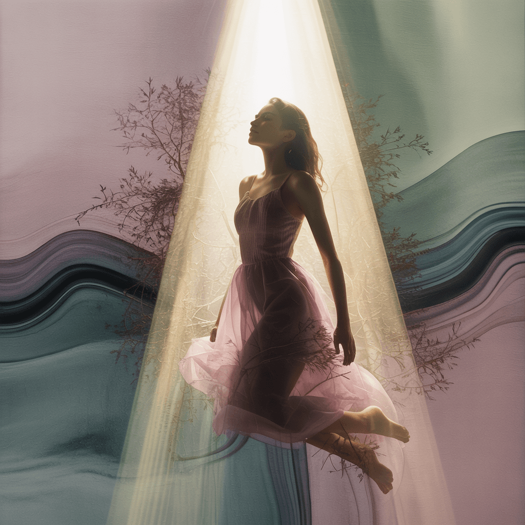 AI generated: A translucent silhouette of a woman, as if floating in a dense stream of sunlight. The light permeat...