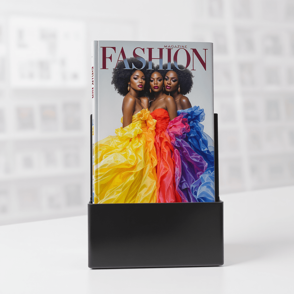 AI generated: A centered, 400-pixel image of a sleek magazine stand set against a pristine solid white background....