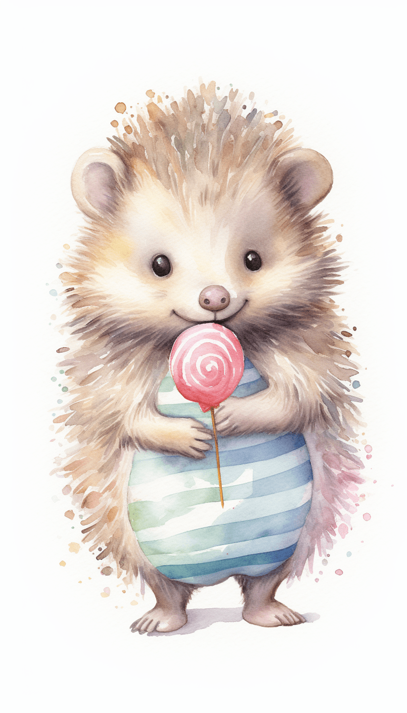 AI generated: watercolor illustration of stylish hedgehog with candy, muted pastel colors, white background --ar 4...