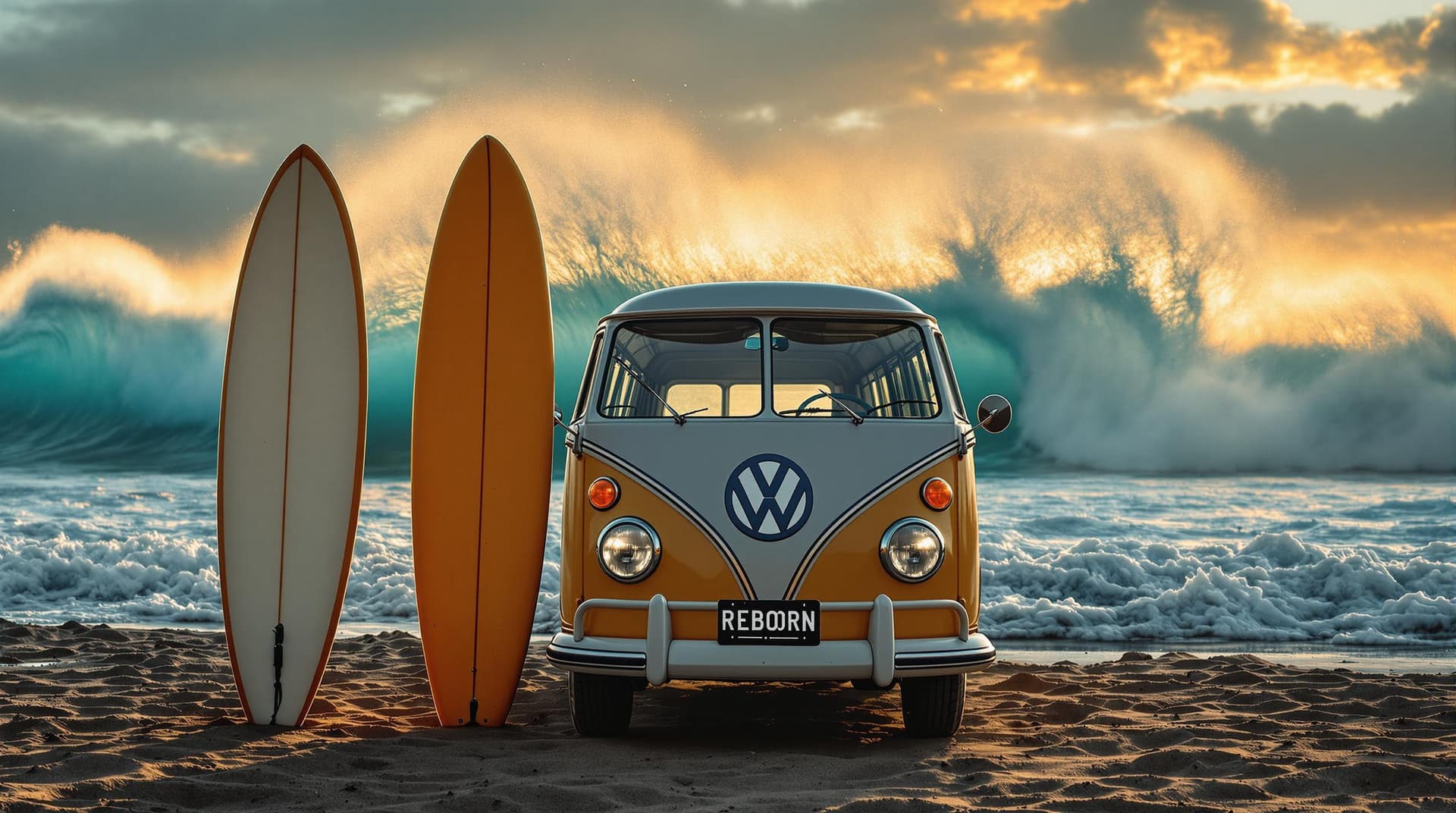 AI generated: A highly detailed distant ,ultra high definition low angle pro photo of a three surfboards standing ...