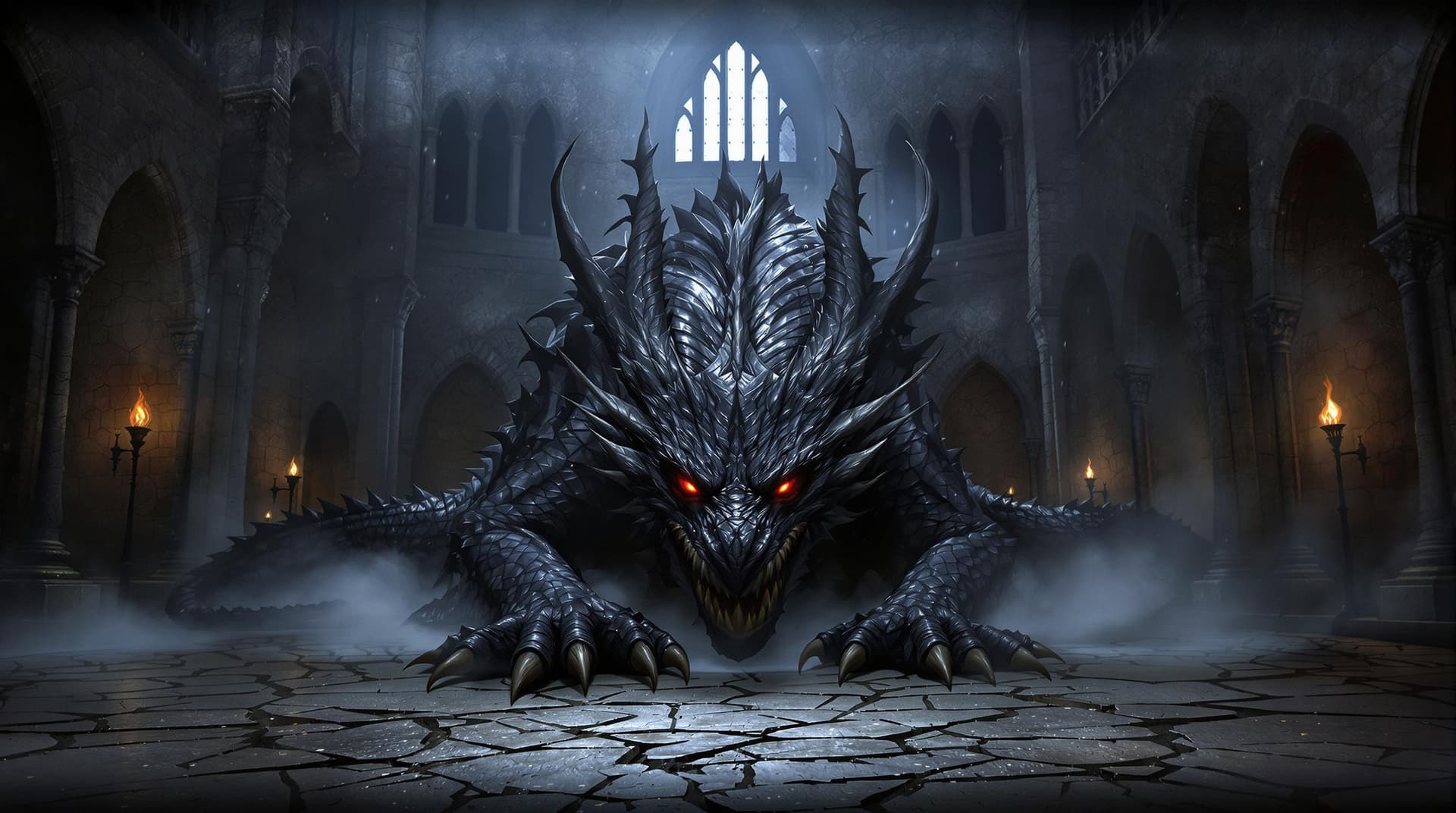 AI generated: A massive black dragon with glowing red eyes rests in the centre of a gothic castle courtyard. The c...
