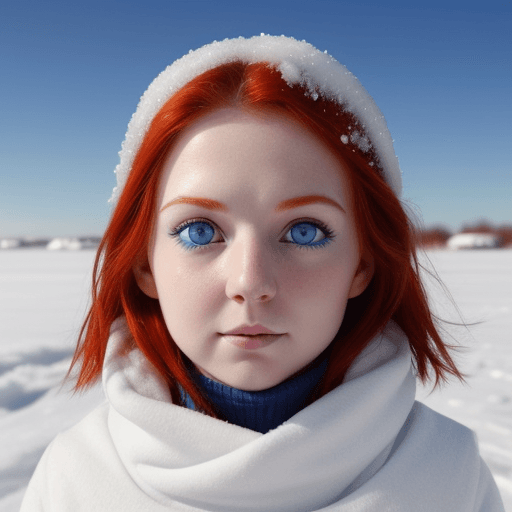 AI generated: blue eyes, first plane, very cold, natural, wind,white skin, beatiful, realistic, litle nose, red ha...