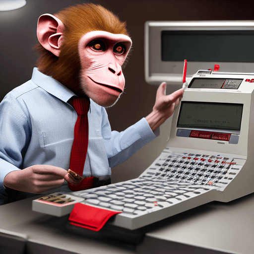 AI generated: Anthropomorphic Rhesus macaque, doing calculations with a Hispano Olivetti Model Multisuma 20 calcul...
