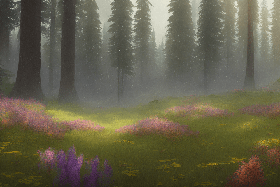 AI generated: pacific northwest, forest, wildflowers, raining, unreal engine, watercolor, epic dreamlike fantasy l...