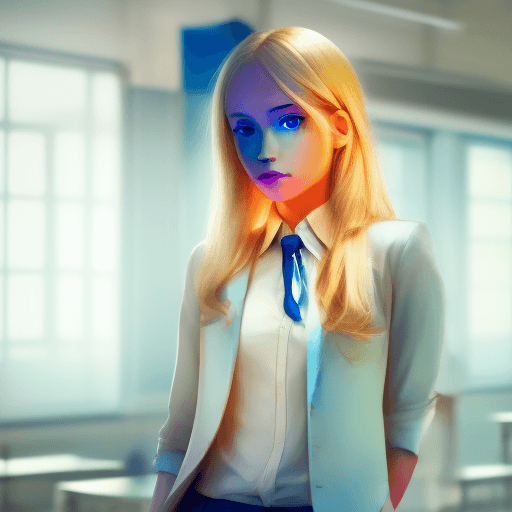 AI generated: a girl with blond hair and blue eyes standing in a school
