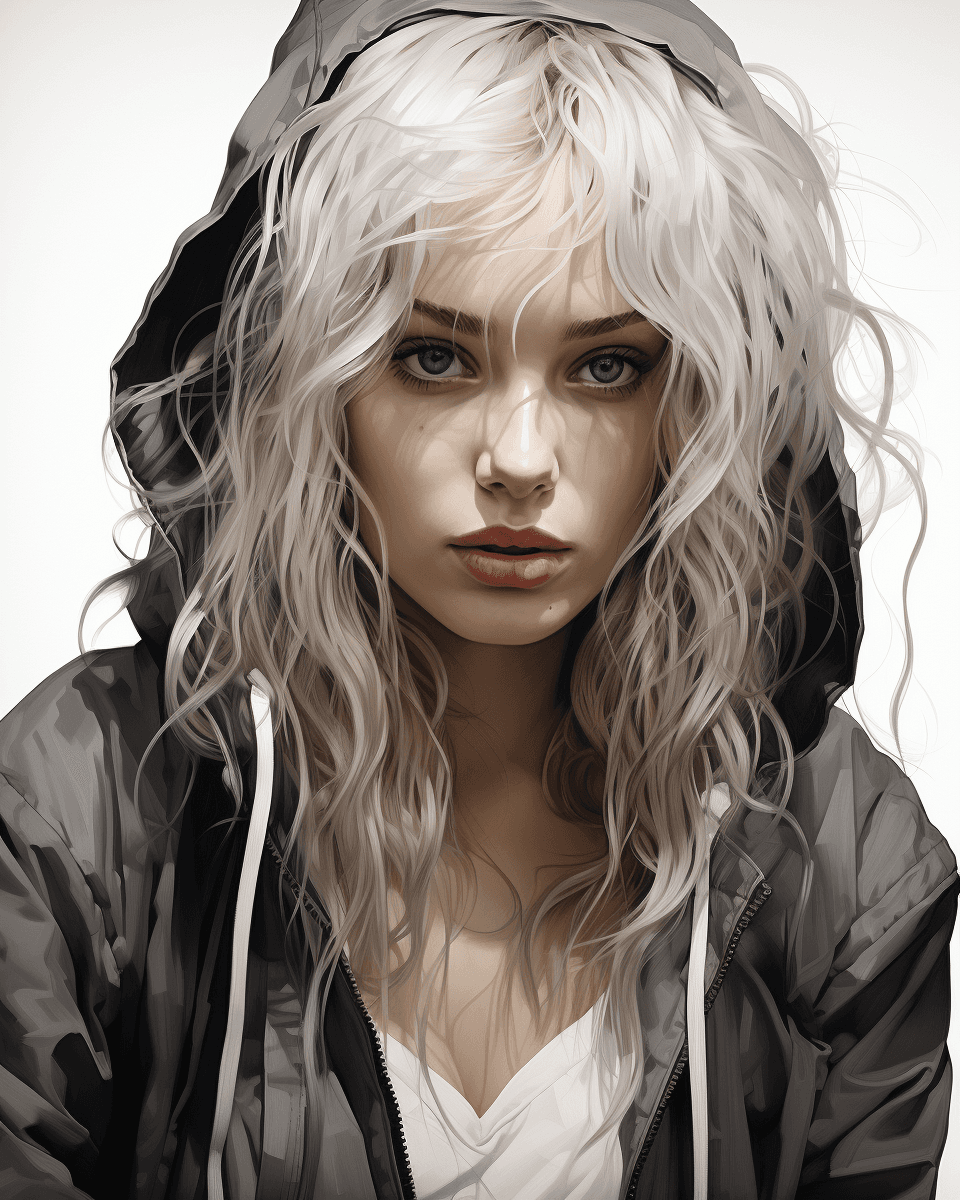 AI generated: a black and white drawing of a woman wearing a hoodie, in the style of vicente romero redondo, reali...
