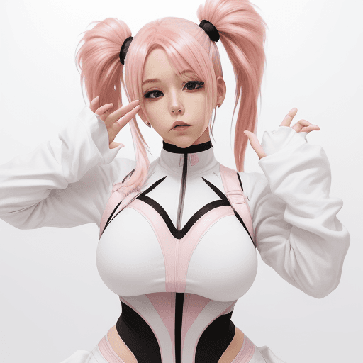 AI generated: Pink hair styled in twin tails, White outfit with black accents, Dynamic pose with crotch exposed, H...