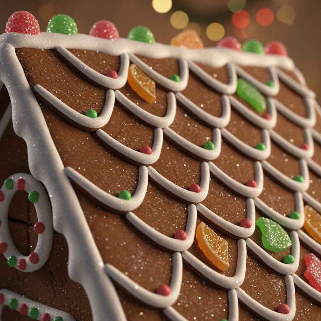 AI generated: 3D close-up of gingerbread house roof with beveled icing details.