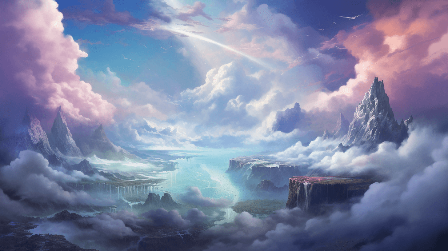 AI generated: a beautiful fantasy world with flying clouds, in the style of large-scale paintings, dragoncore, pre...