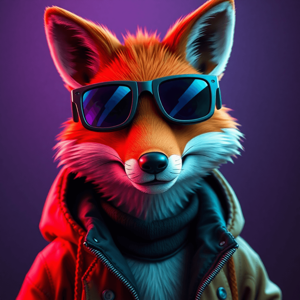 AI generated: portrait of a cartoon fox wearing sunglasses, in the style of vray tracing, neonpunk, photo-realisti...