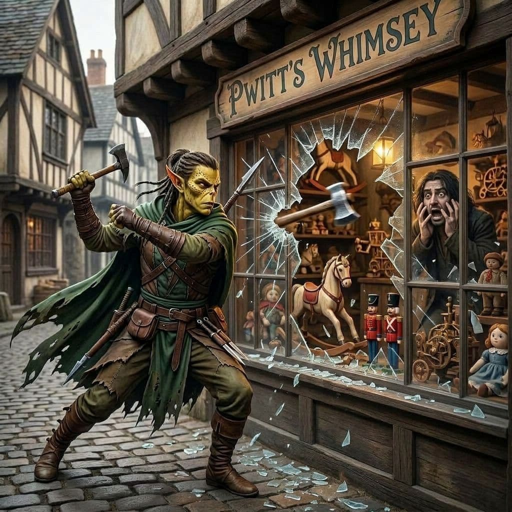 AI generated: a male githzerai ranger throwing a hammer into a medieval toy shop named "Pwitt's Whimsey" breaking ...