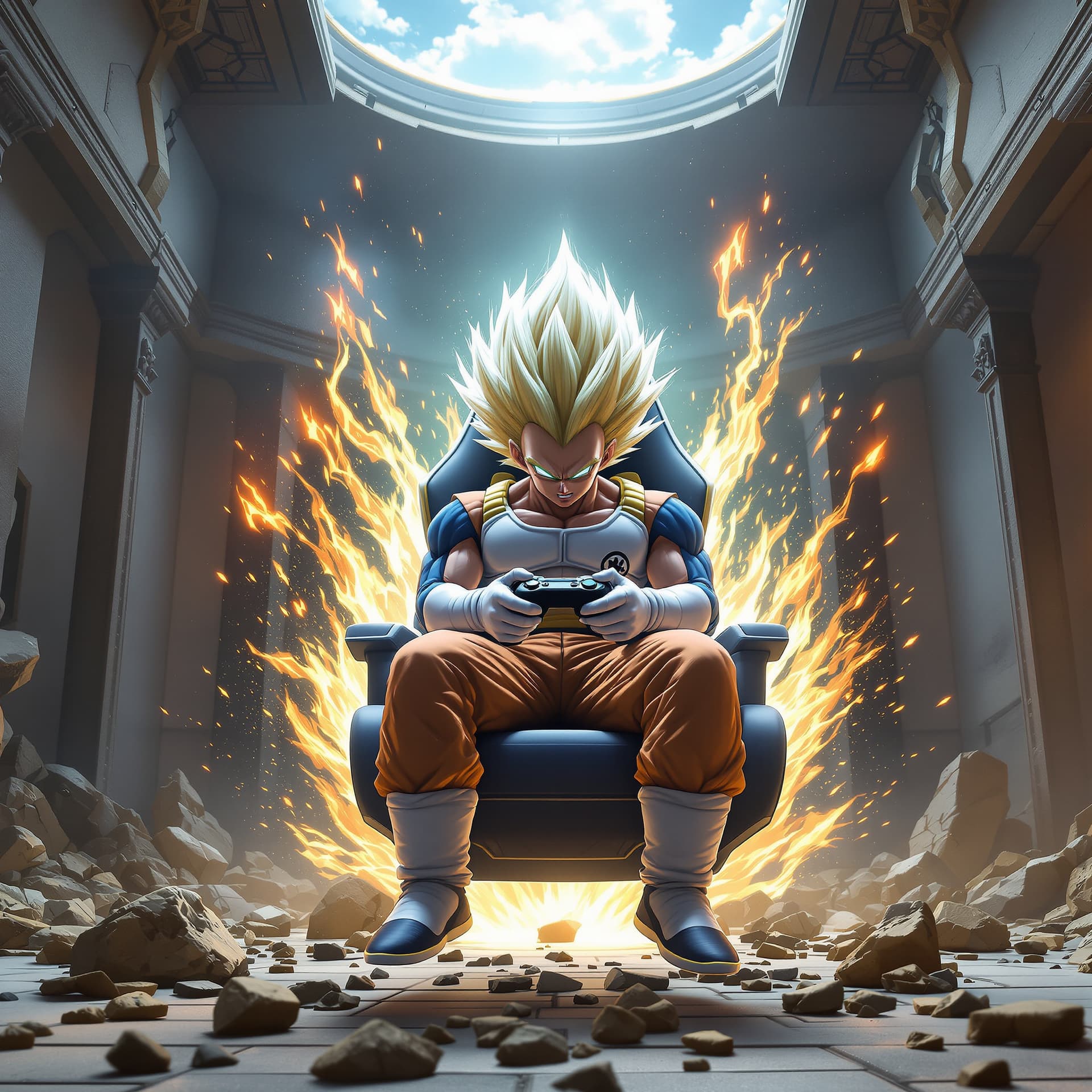 AI generated: full figure front view of super saiyan vegeta with the saiyan level 4 hair is fully powered up in a ...