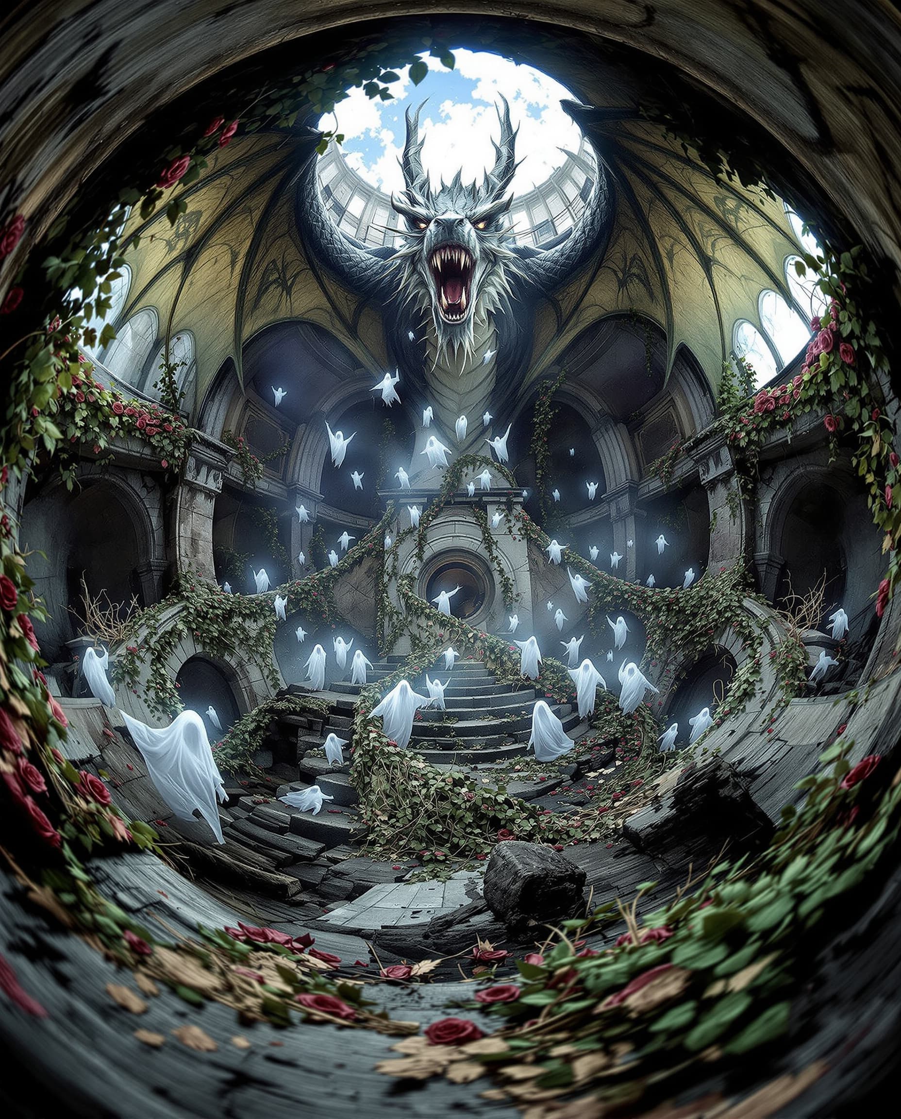 AI generated: Fisheye lens  aerial perspective perspective looking down from a birds eye view onto a dragon in fli...