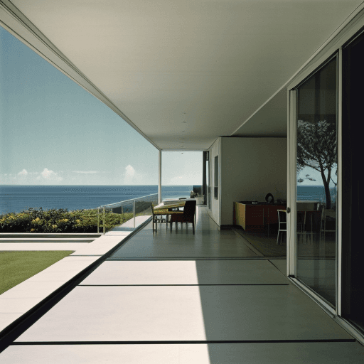 AI generated: Hyper realistic eye level exterior photo of a mid century modern style house overlooking the ocean, ...