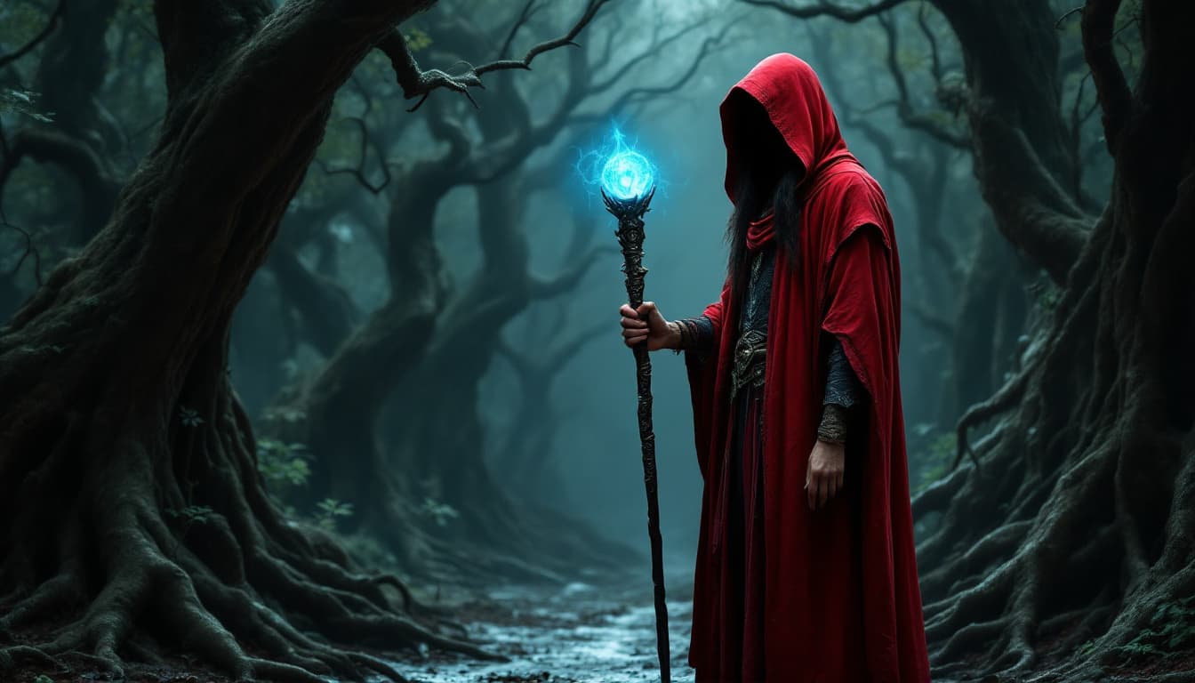 AI generated: a person standing in a dark, mystical forest, surrounded by ancient, twisted trees and gnarled roots...