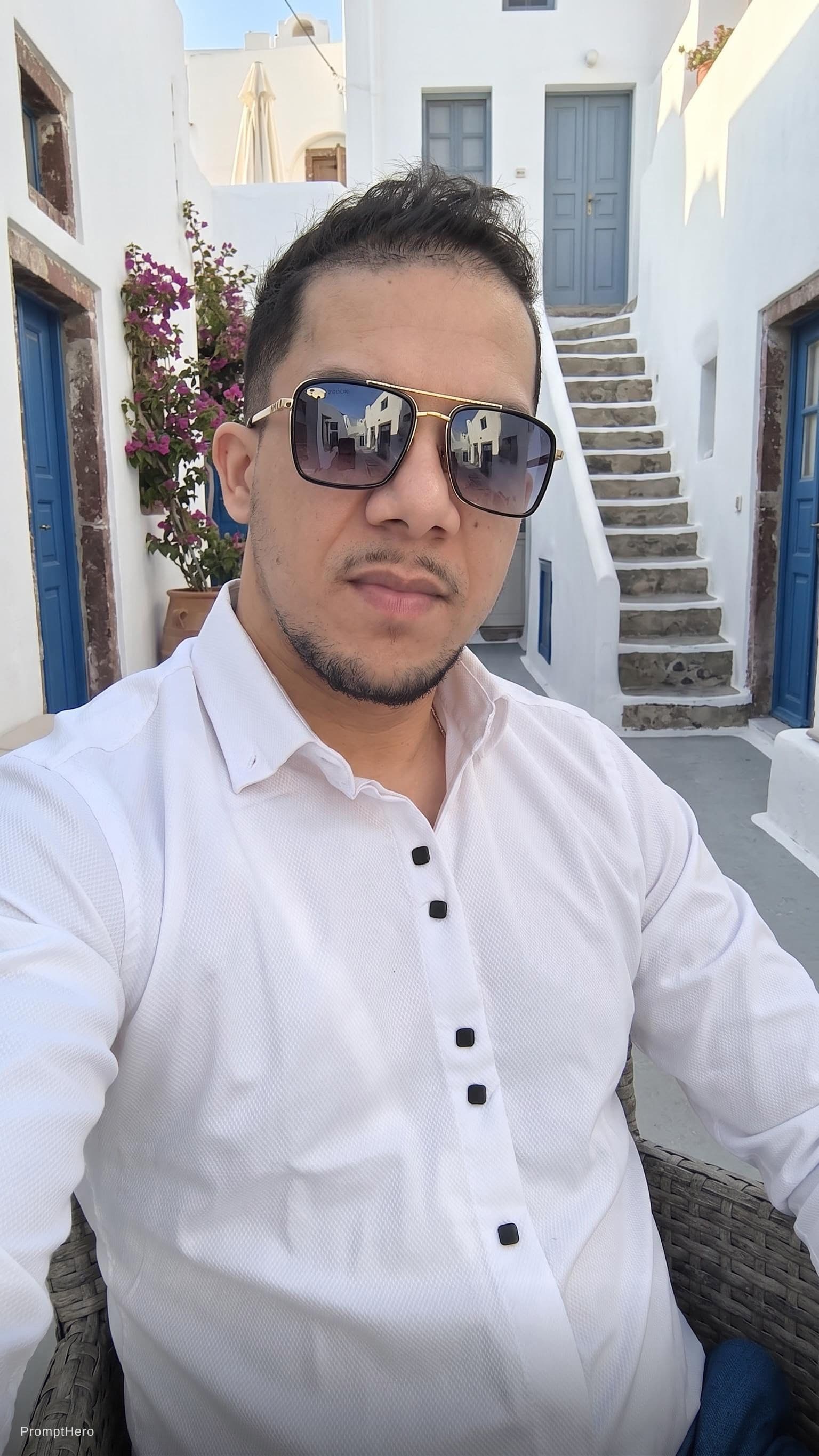 AI generated: Fashion photoshoot in Santorini, Greece. Elegant man photographed inside a narrow Santorini street o...