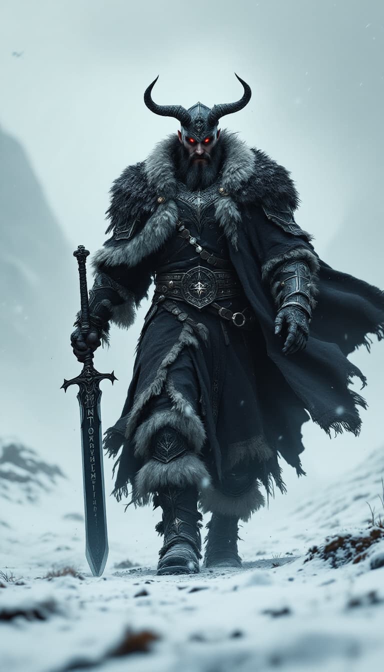 AI generated: An ultra-realistic, zoomed out, front facing full-body portrait of a towering Berserker, his fur-lin...