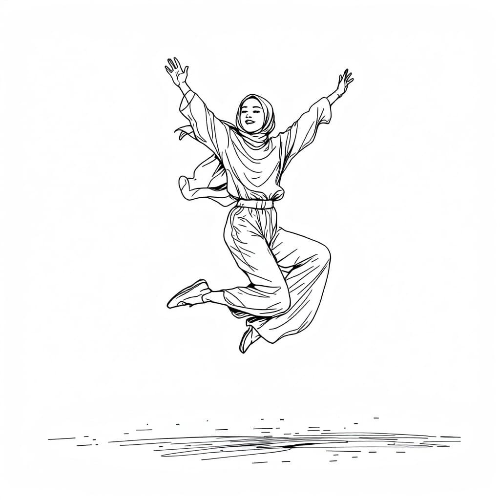 AI generated: minimalist line art drawing of a Beautiful and cute Muslim Iranian  girl leaping joyfully, sketched ...