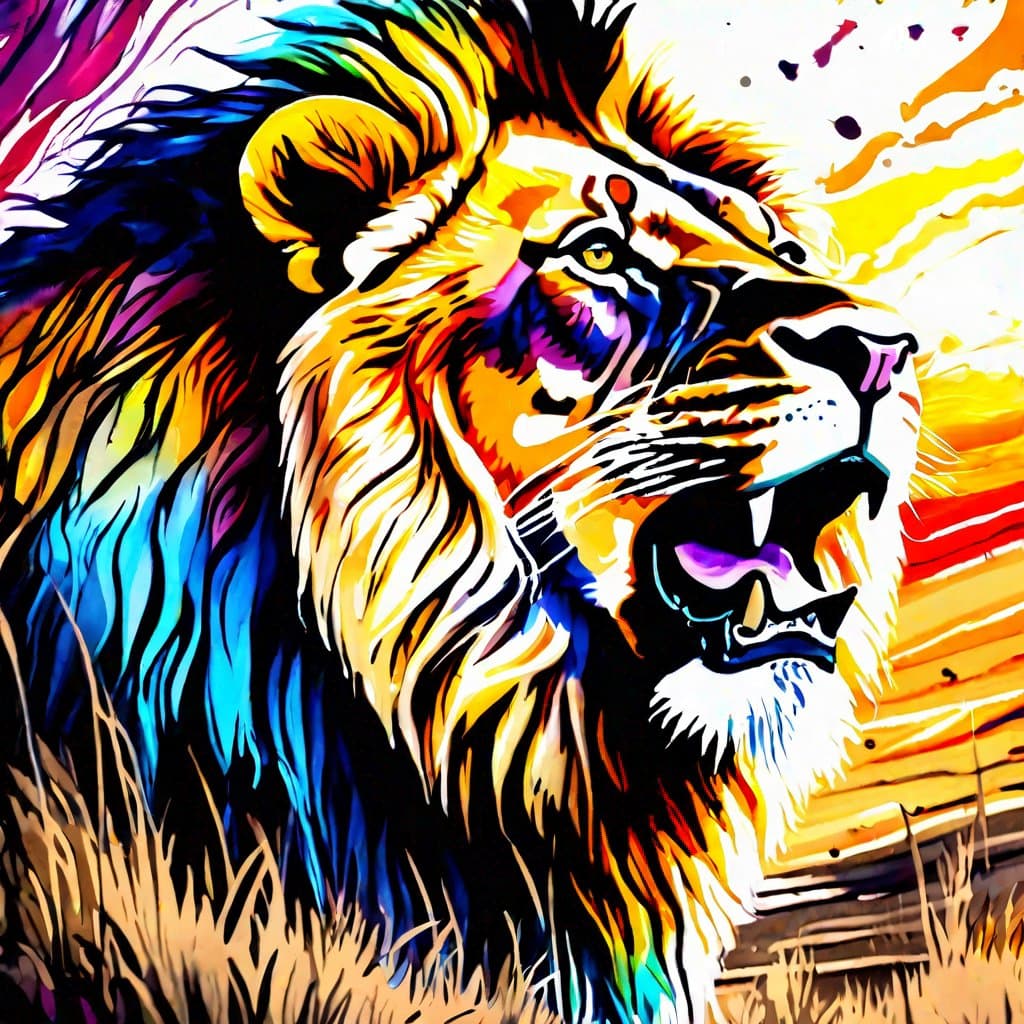 AI generated: ink flowing across a canvas in a vast array of colors, a lion roars out into the sun lit savanna, ul...